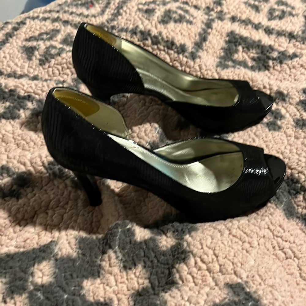 BOGO HEELS Anne Klein sexxxxxxy black snake skin, open toe heels.